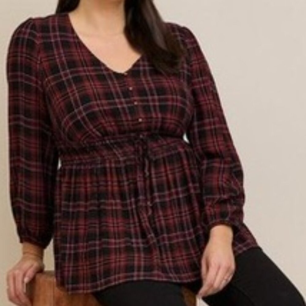 NWT Torrid Babydoll Crinkle Flannel Gauze Smocked Tie Waist Black/Red SZ 4 (26)